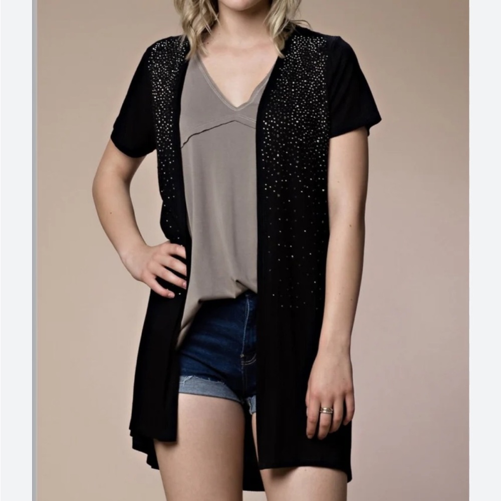 Vocal Black Short-Sleeve Cardigan with Sparkle Detail